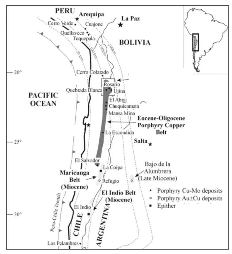 Figure 1. Rosario Mineral Deposit and Metallogenic Strips in the North of Chile