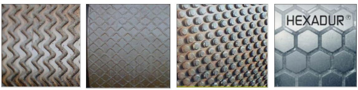 Figure 3 Typical full-scale roll surface characteristics, welded, chevron, studded and hexadur.