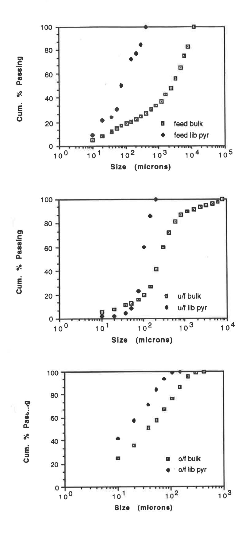 Fig 4 - Size distributions of liberated pyrite and bulk ore in the circuit new feed, cyclone underflow and cyclone overflow of No 1 circuit.